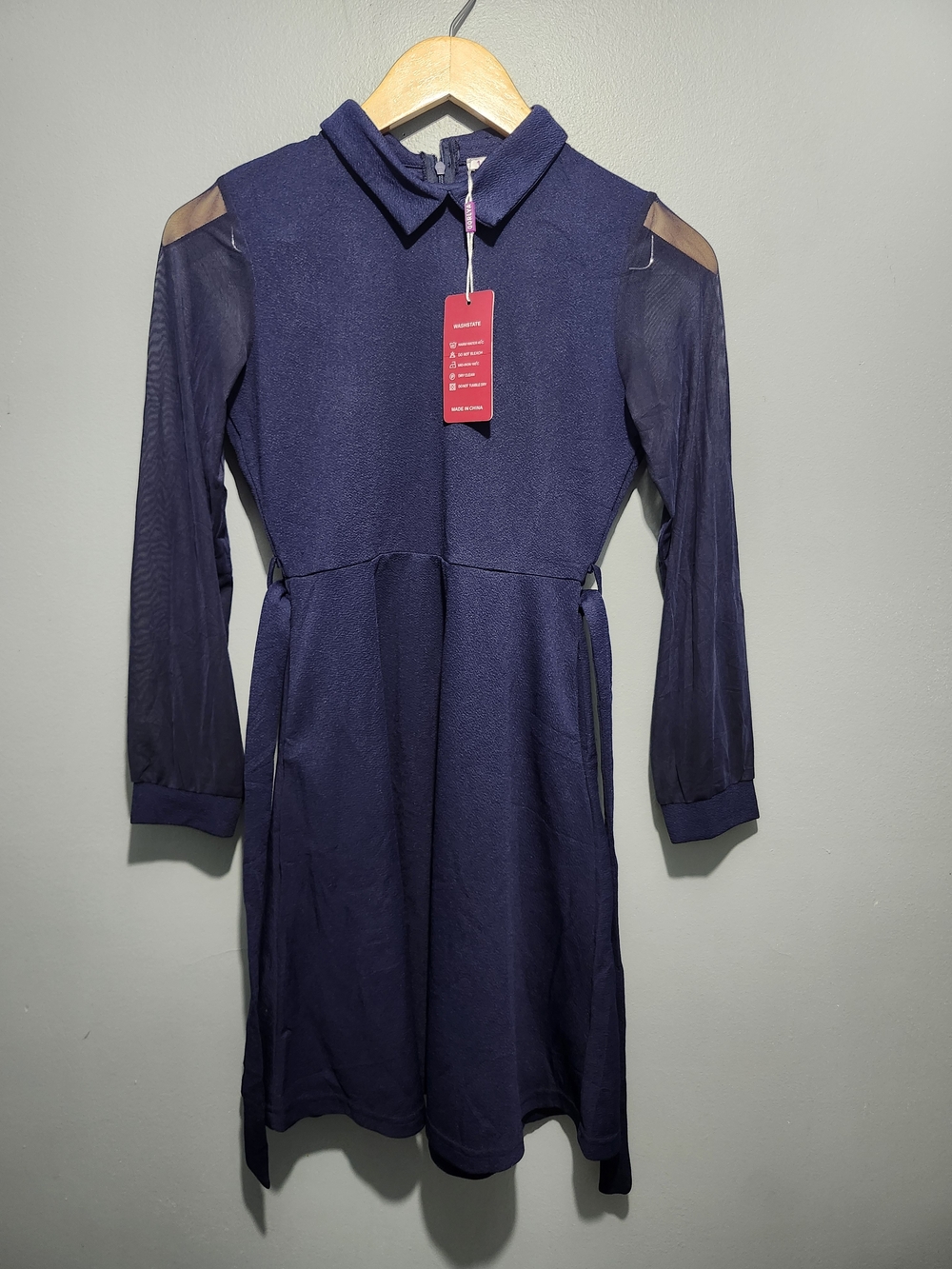 Girls Navy Long Sleeve Collared Dress